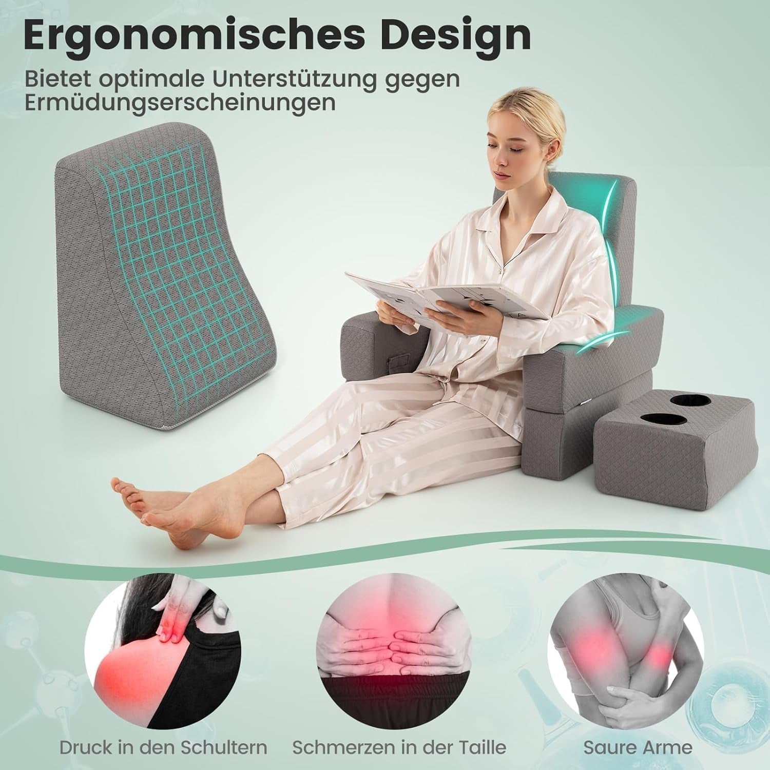 Lesekissen für Bett und Sofa, Bücherkissen, frei kombinierbar mit Getränkehalter und waschbarem Bezug, verstellbares Laptop-Schreibtischkissen zum Lesen, Spielen, Arbeiten, Schreiben (Grau)