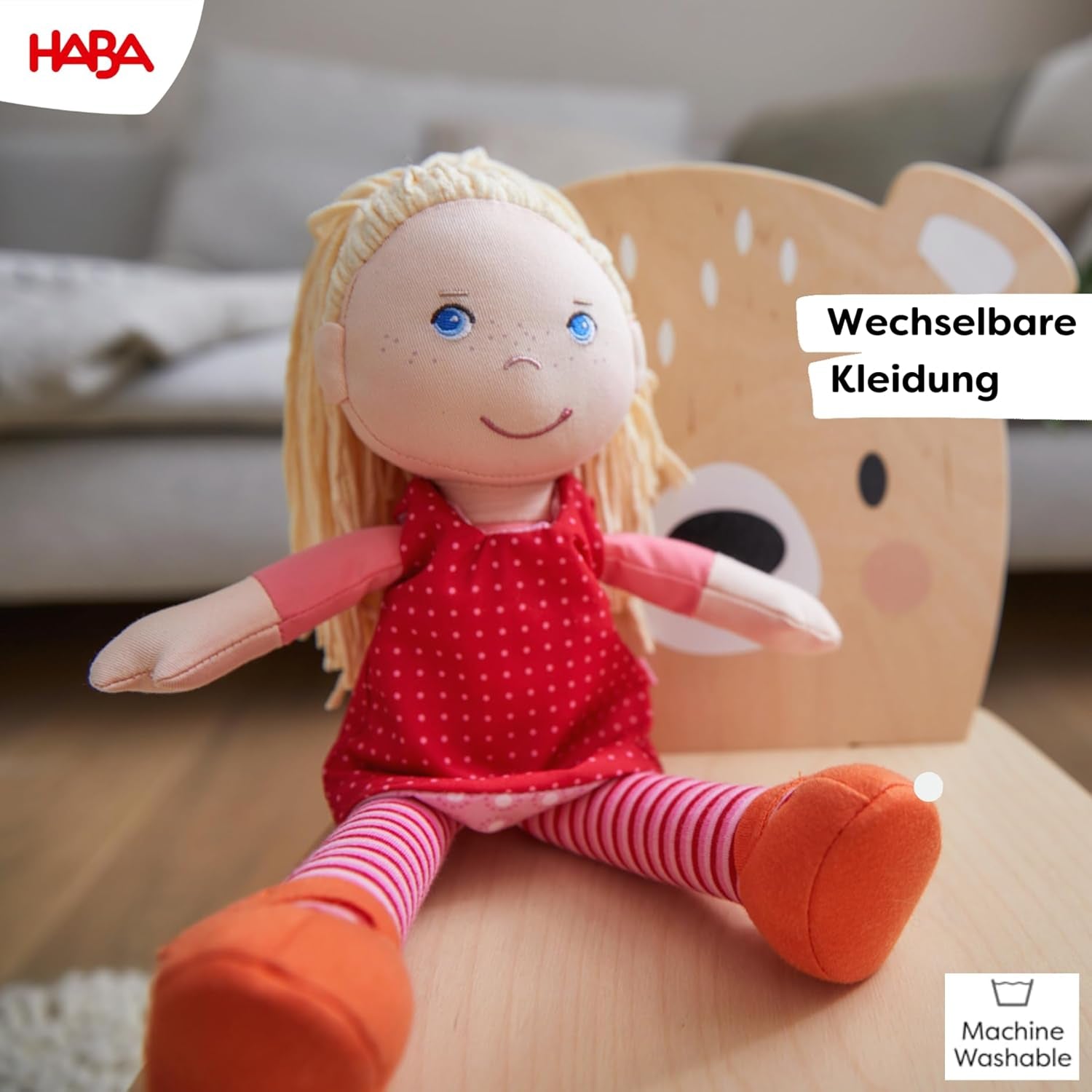 Kuschelpuppe HABA Annelie – Kuschelpuppe mit frisierten Haaren – Mit austauschbarer Kleidung – Ab 18 Monaten – 30 cm – Waschbar – 1302108001