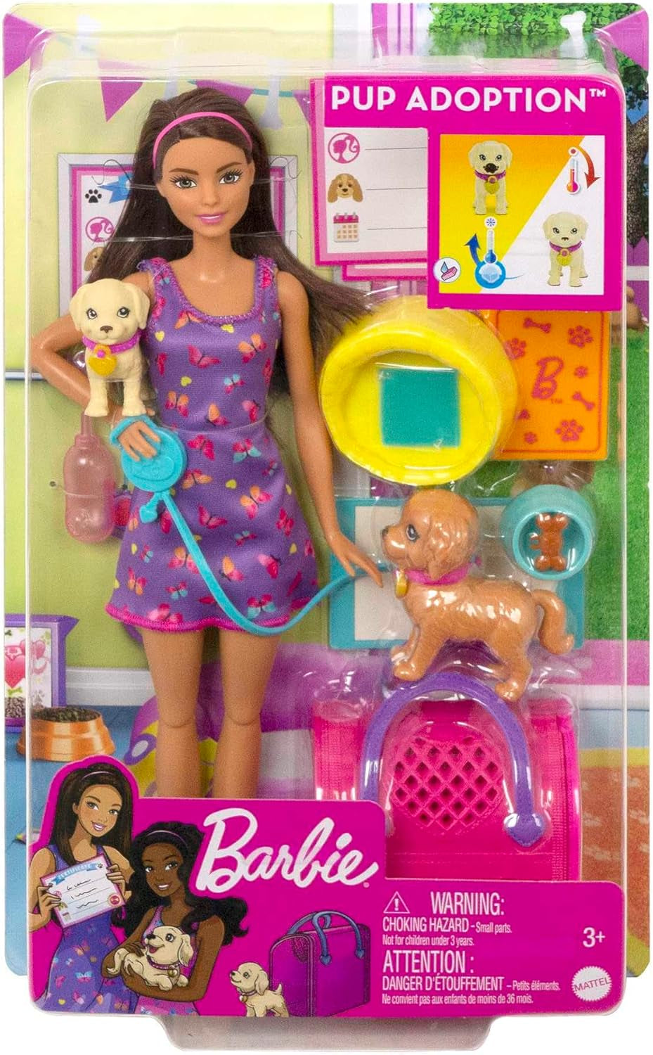 Adoption Barbie Puppy – Puppe und 2 Welpen, mit Adoptionsurkunden, Farbwechseleffekt, Käfig und Zubehör, für Kinder ab 3 Jahren, HKD 86