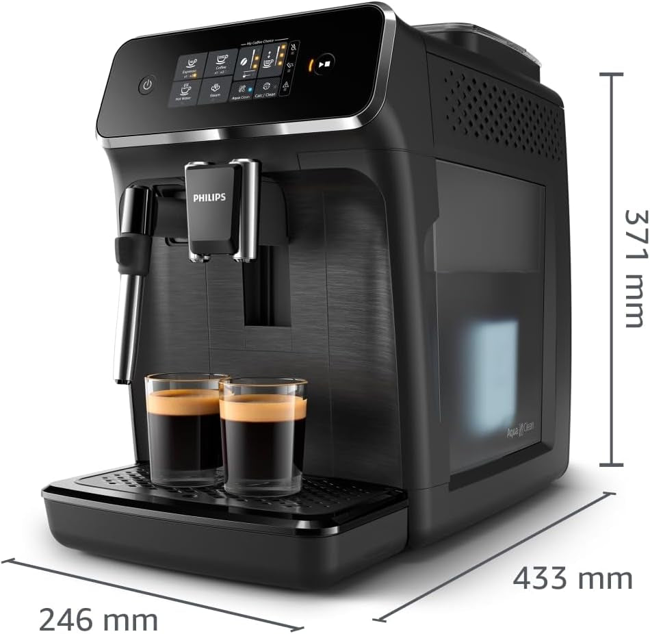 PHILIPS automatische Espressomaschine 2200-Serie – 2 Kaffeespezialitäten, Touch-Display, klassischer Milchaufschäumer, Keramikmahlwerk, mattschwarz (EP2220/10)