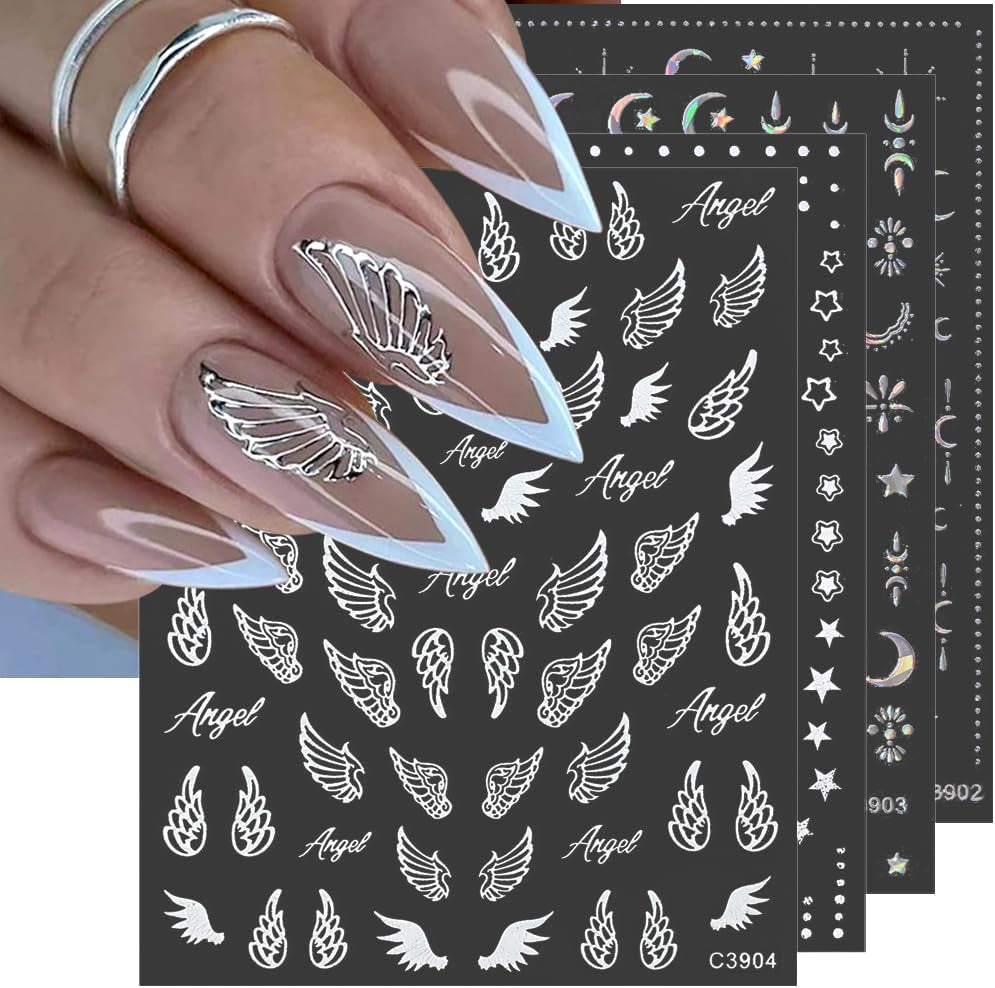 8 Blatt goldene Mond- und Sterne-Nagelkunstaufkleber, Engelsflügel, hellbraune goldene Nagelaufkleber, Sterne, Nagelfolien, selbstklebende Nagelaufkleber, Nageldesign-Zubehör, Nagelaufkleber
