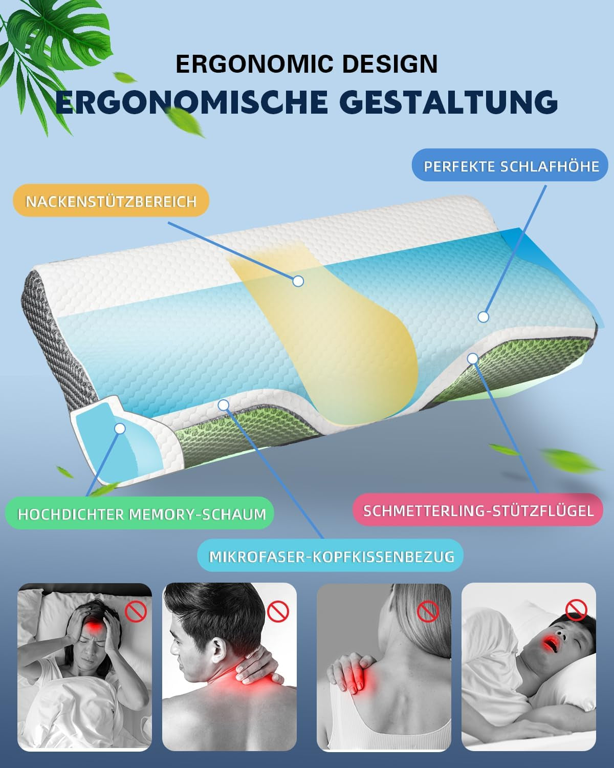 IDEA Kissen, ergonomisches orthopädisches Kissen gegen Nackenschmerzen, Memory-Schaum-Kissen für Seiten-, Rücken- und Bauchschläfer, Anti-Schnarch-Kissen für Männer und Frauen (62 x 34,5 x 12/8 cm). Orthopädische Nackenkissen von Naty Shop