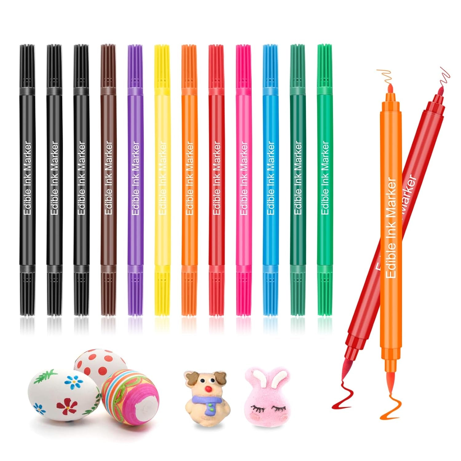 12 Stück Lebensmittelfarbstifte, Lebensmittelfarbstifte zum Backen, Lebensmittelmarker mit feiner und dicker Spitze, essbarer Stift für Kuchen, Fondant, Kekse, Ostereier, Macarons