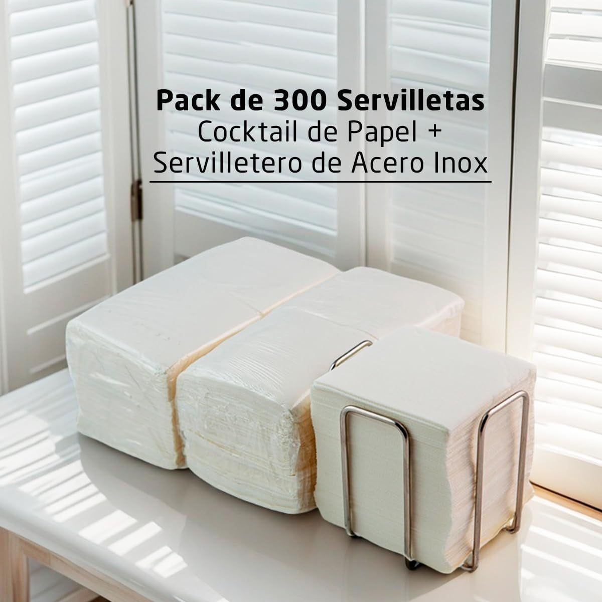 300 Stück weiße Cocktail-Papierservietten + Serviettenhalter aus Edelstahl mit Mikropunktstruktur, dick, saugfähig, 10 x 10 cm, zusammengefaltet