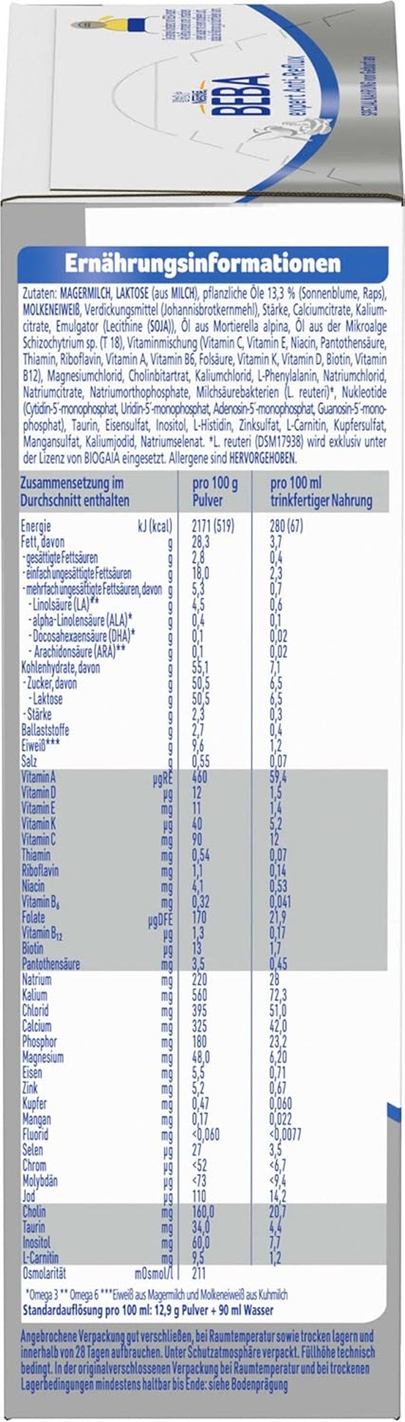 BEBA expert Anti-Reflux - AR Spezialnahrung ab der Geburt, gegen vermehrtes Aufstoßen und Erbrechen, Babynahrung, Babymilchpulver, 1 Packung (1 x 500g)