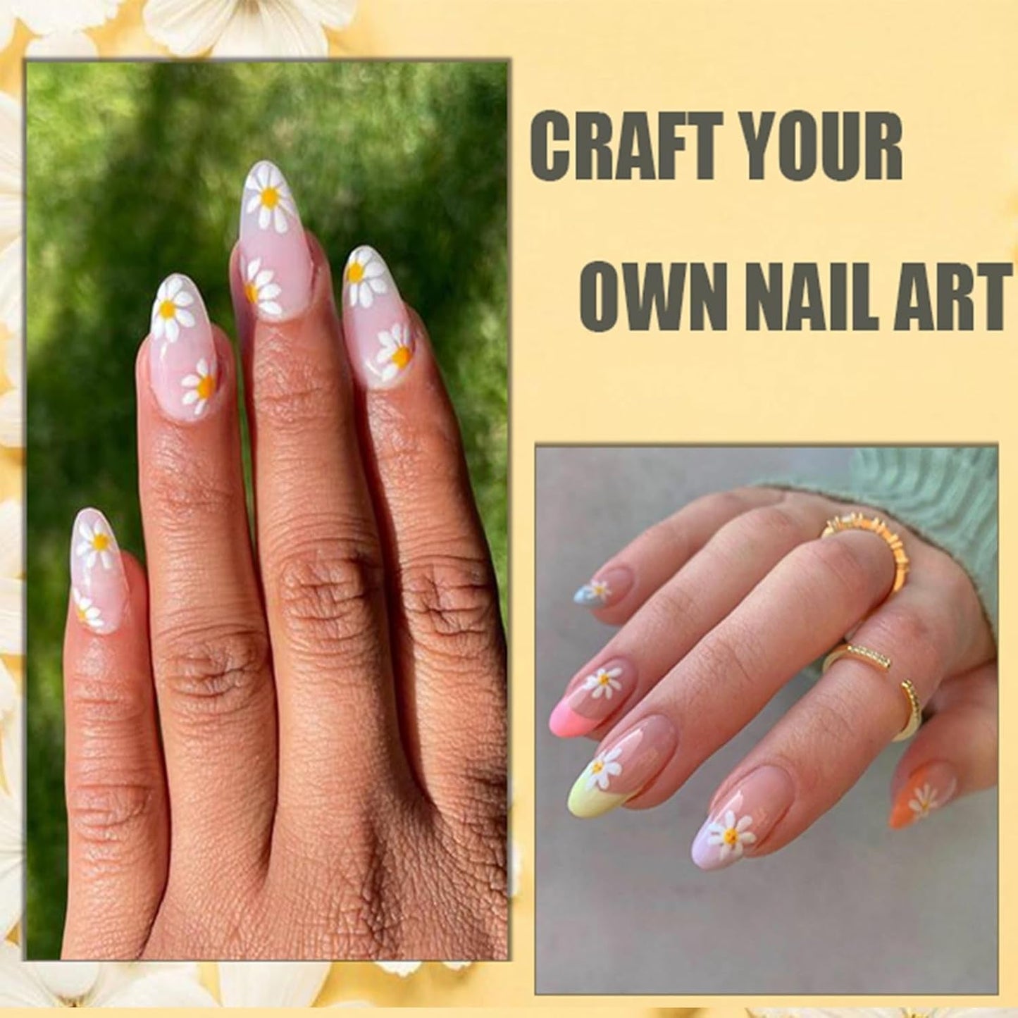 12 Blatt Nagelaufkleber mit 3D-Effekt, UV-härtend, langlebig, Blumen-Nagelaufkleber, gelb-weiße Gänseblümchen-Nagelkunstaufkleber