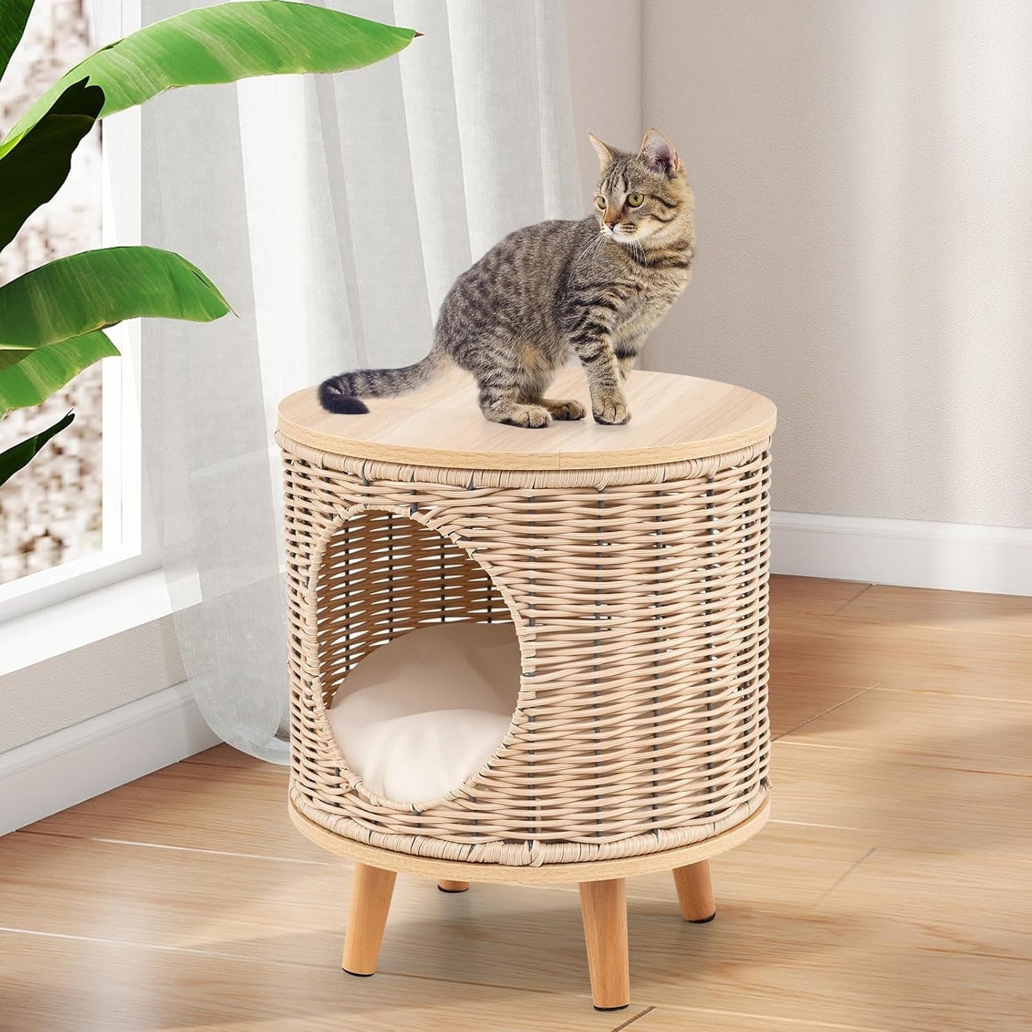 Katzenhaus Rattan, Katzenmöbel mit Holzbeinen & weichen Kissen, 3 in 1 Katzenhöhle Fußhocker Nachttisch, Katzenbett stabil bis 30 kg für Wohnzimmer Schlafzimmer