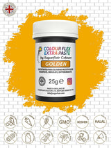 Lebensmittelfarbpaste Sugarflair Colourflex Extra Paste Golden – Essbare Lebensmittelfarbe für Buttercreme, Schokolade, Zuckerpaste, Glasur, Fondant, Kuchenmischungen, Teig und mehr – 25 g