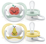 Philips AVENT Ultra-Luftschnuller – 2er-Pack, BPA-frei, atmungsaktiv, für Babys 0–6 Monate, inklusive Tragetasche und Sterilisation, Apfel/Birne (Modell SCF080/17)