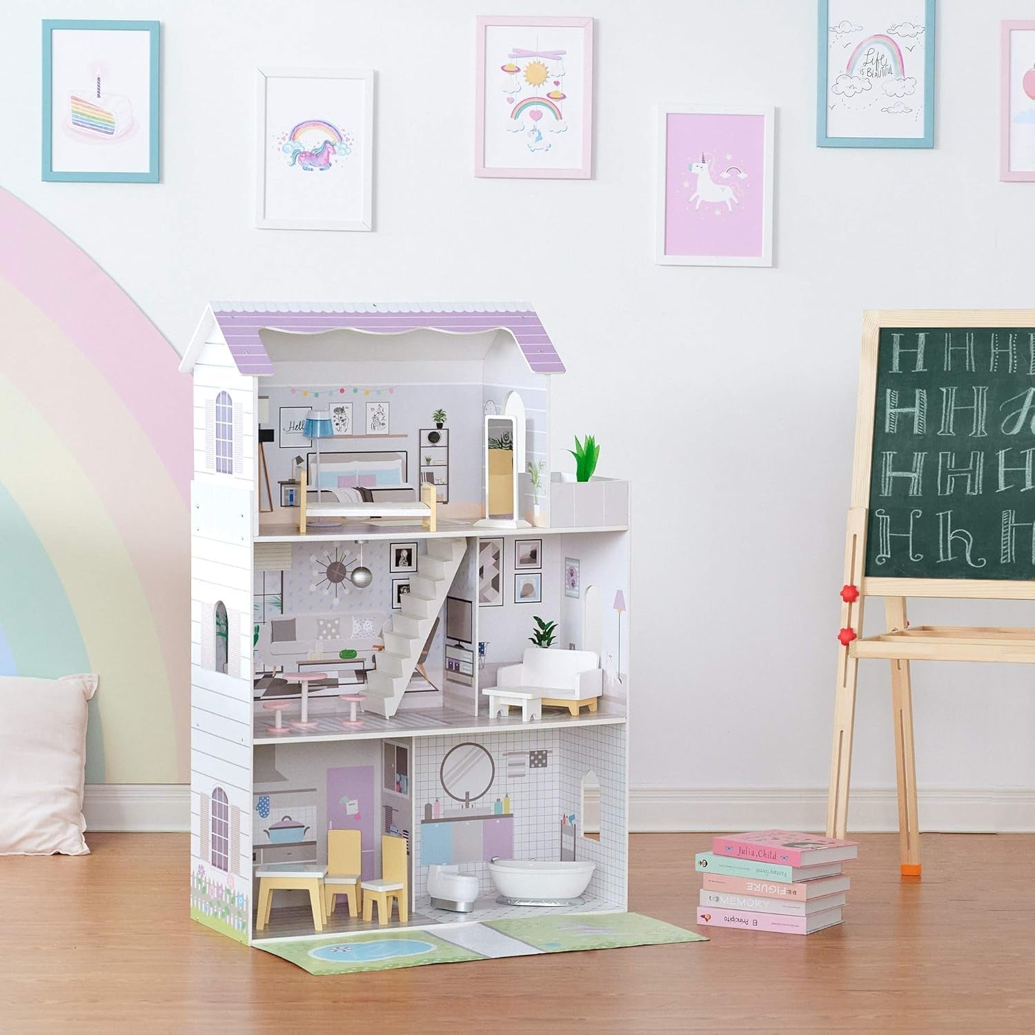 Teamson Kids Olivia's Little World Riesenpuppenhaus mit 16 Puppenzubehörteilen, Puppenhaus aus Holz mit Möbeln, 3-stöckig, 30 cm großes Puppenhaus für Kinder ab 3 Jahren