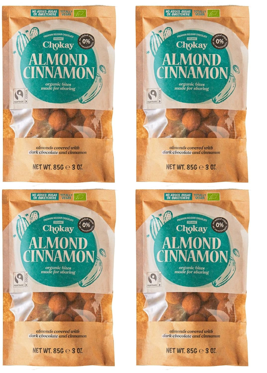 Set mit 4 Bio-Häppchen – Zimtmandeln/Zimtmandeln in belgischer Zartbitterschokolade/Ohne Zuckerzusatz, ohne Süßstoffe/VEGAN & FAIR TRADE / 4 x 85g