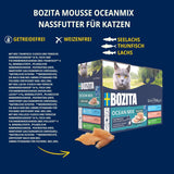Bozita Mousse Ocean Mix – 12 x 85 g Nassfutter für Katzen mit Thunfisch, Lachs oder gelbem Kabeljau – getreidefrei, zuckerfrei und künstliche Farbstoffe – mit Postbiotika für eine gesunde Darmflora