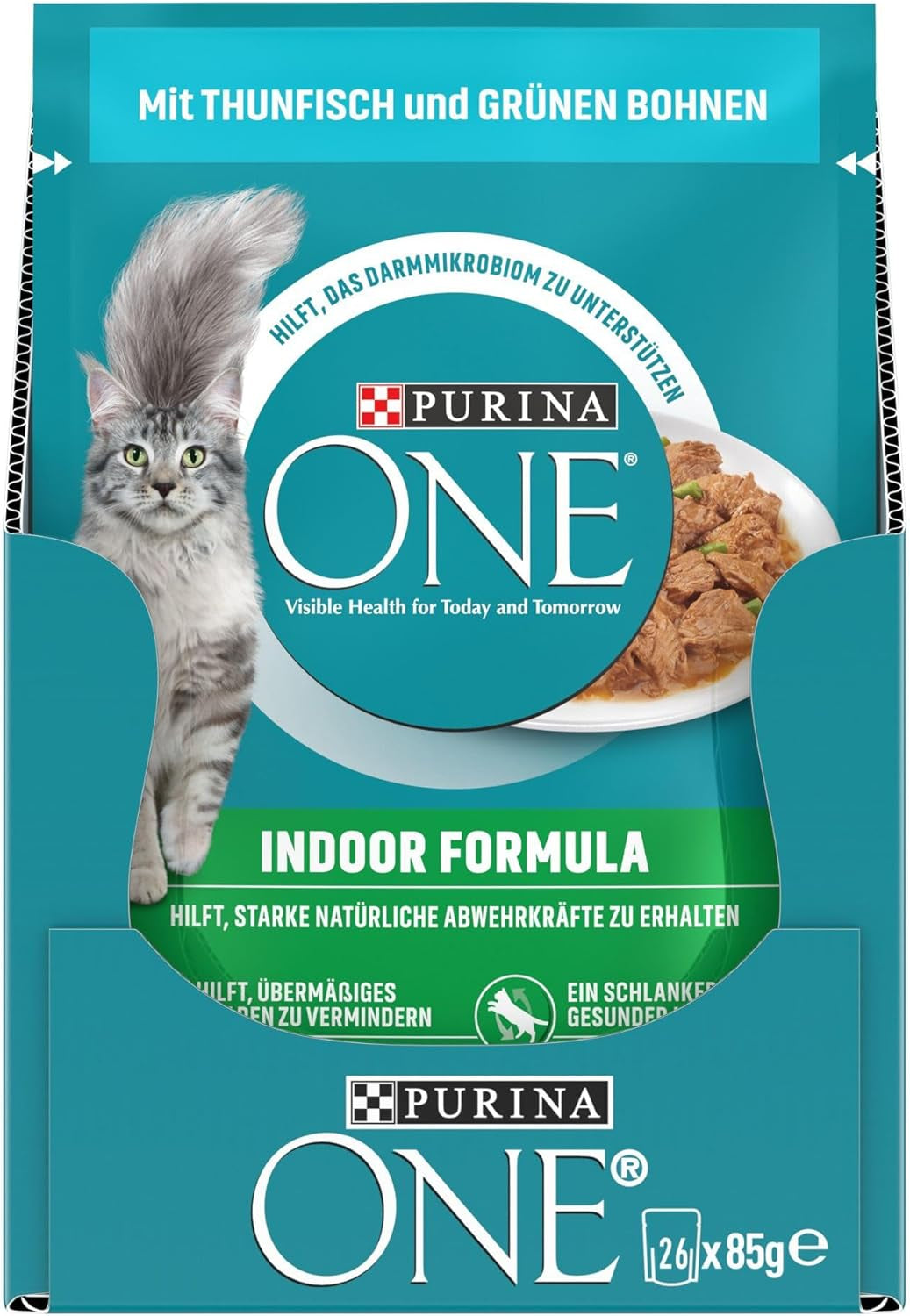 PURINA ONE Indoor Formula Nassfutter für Katzen, zarte Stücke in Soße für selbstgemachte Katzen mit Thunfisch, 26er-Pack (26 x 85 g)