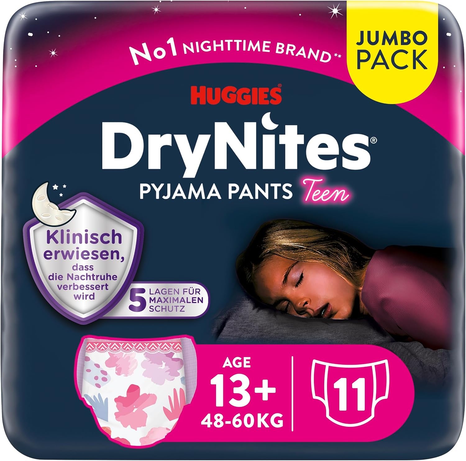 Huggies DryNites Windeln gegen Bettnässen bei Nacht für Mädchen im Alter von 13 bis ca. 17 Jahren (48–60 kg), 33 Stück (3 x 11), Jumbo-Monatspackung, XL-Windelhöschen