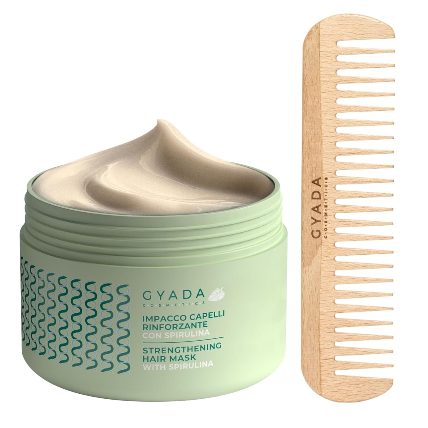 GYADA COSMETICS Spirulina Haarstärkungspaket, nährend, gegen Haarausfall, zwei Spitzen wirken 250 ml + Buchenholzkamm, ideal zum Entwirren aller Haartypen, Naty Shop Haarmaske, Standardtitel
