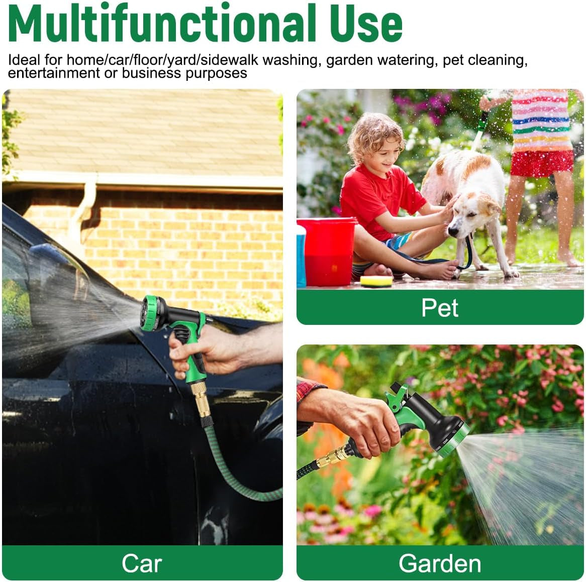 30 m/100 Fuß grüner, flexibler Gartenschlauch mit Sprühdüse und 3/4 Zoll und 1/2 Zoll Messinganschlüssen, 10 Funktionen, 3-fach ausziehbar, kein Knick, ausziehbarer Wasserschlauch für Garten, Boden, Terrasse, Auto