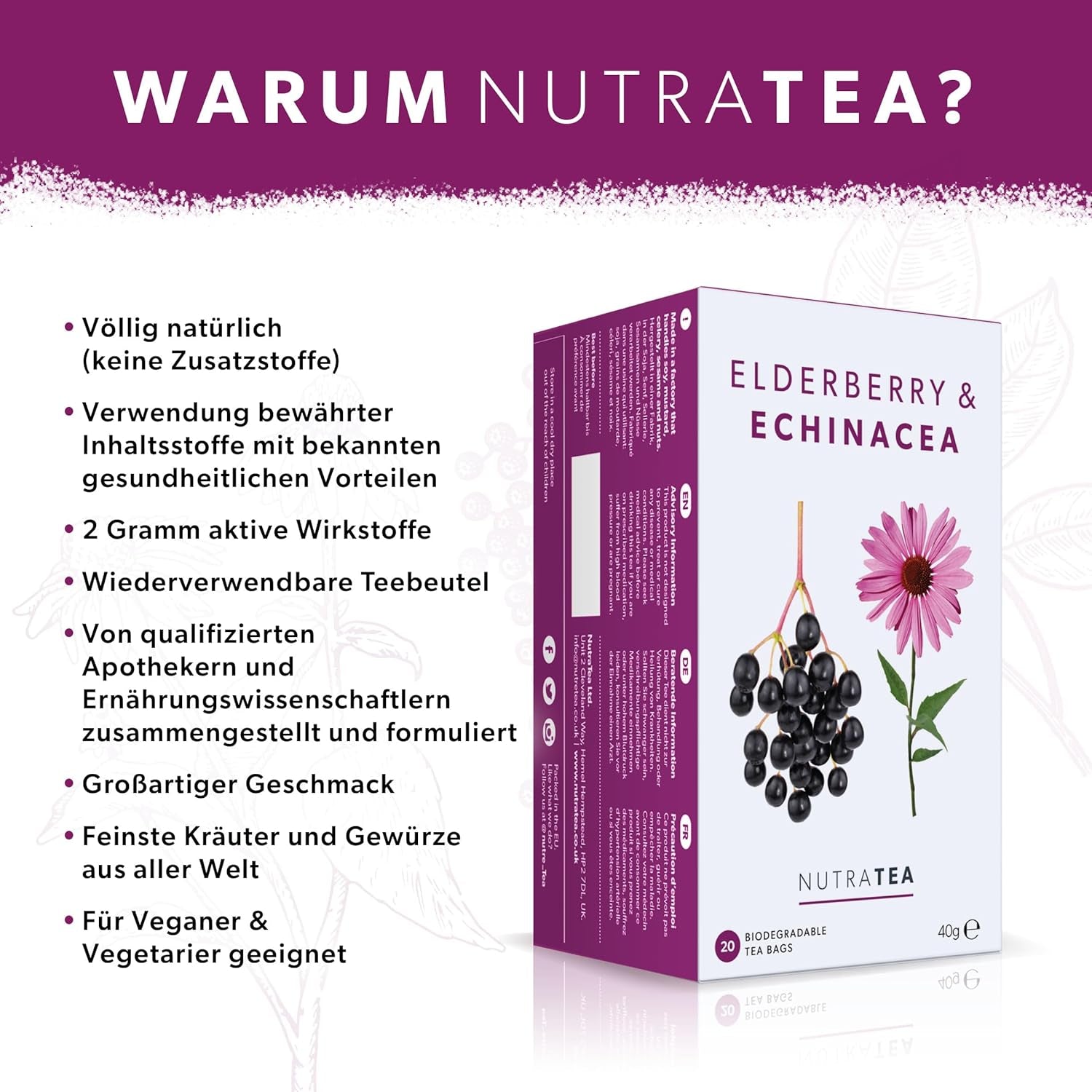 Nutra Tea Holunder & Echinacea, Immunitäts- und Erkältungstee, Tee zur Immununterstützung, Erkältungsbekämpfung, 20 wiederverwendbare Teebeutel, natürlicher Kräutertee