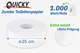 Quicky Jumbo 2-lagiges Toilettenpapier, 25 cm Ø, hochweiß, geprägt mit feinen Punkten, 6 Rollen – saugfähig und reißfest für maximale Hygiene, ideal für öffentliche Einrichtungen und Industrie