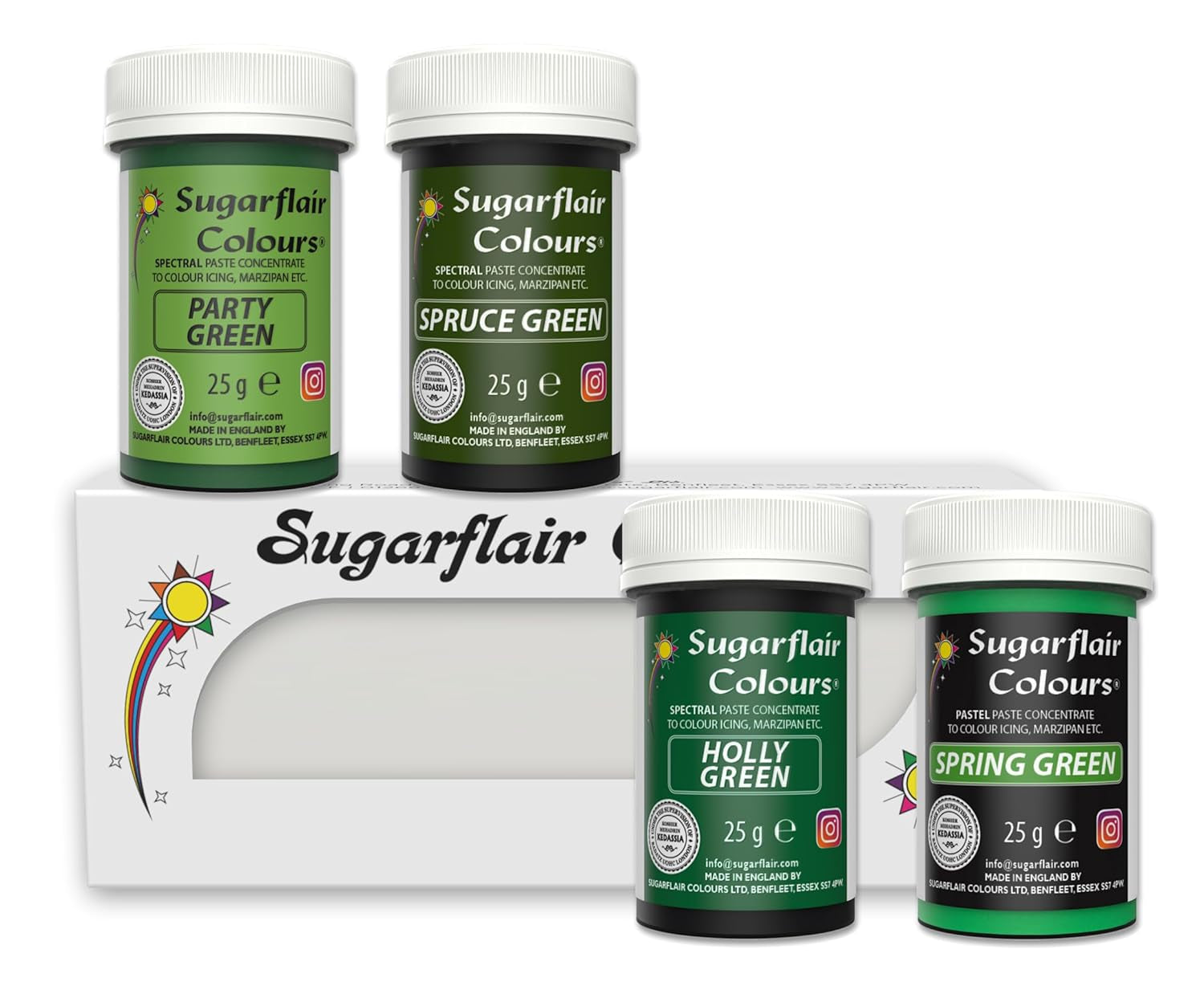 Sugarflair Pasta-Lebensmittelfarbe, Grün, 4er-Set, Lebensmittelfarbe für Pasta, Fondant, Marzipan, Zuckerpaste, Buttercreme und mehr: Ilexgrün, Frühlingsgrün, Fichtengrün, Partygrün – 4er-Set