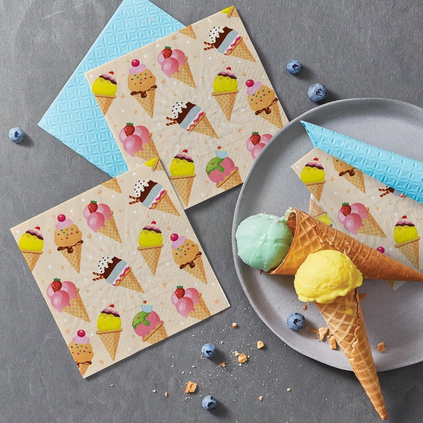 PAW – 3-lagige Servietten (33 x 33 cm) I 20 Stück I Perfekt für Partys, Geburtstage, Feiertage I Tischdekoration für Kinderfeste – Bunte Motiv-Papierservietten – Eiscreme I Eiscreme
