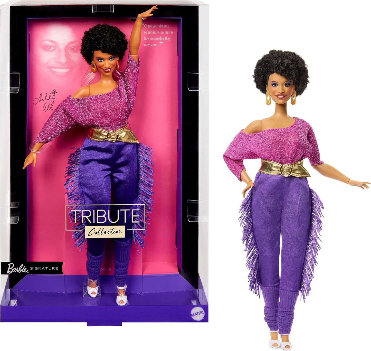 Barbie Signature Debbie Allen Tribute Collection Puppe mit schulterfreiem Oberteil, goldenem Gürtel und lila Fransenhosen und Leggings, JBJ24
