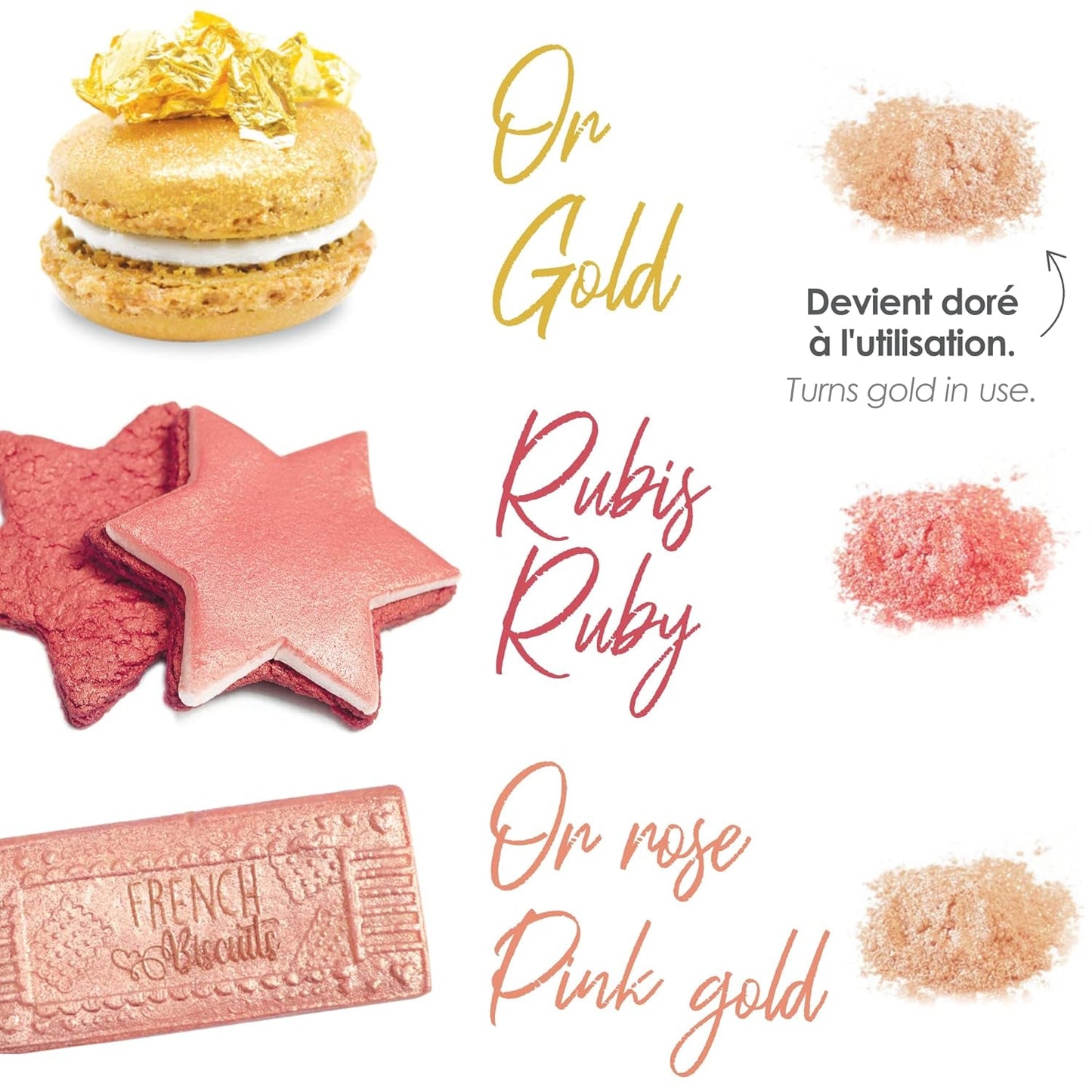 Scrapcooking – Set mit 3 metallischen Lebensmittelfarben – Lebensmittelfarbe: Gold, Roségold und Rubin – essbare Lebensmittelfarbe zum Backen, Kuchen, Kekse, Kuchen, Schokolade – 4019