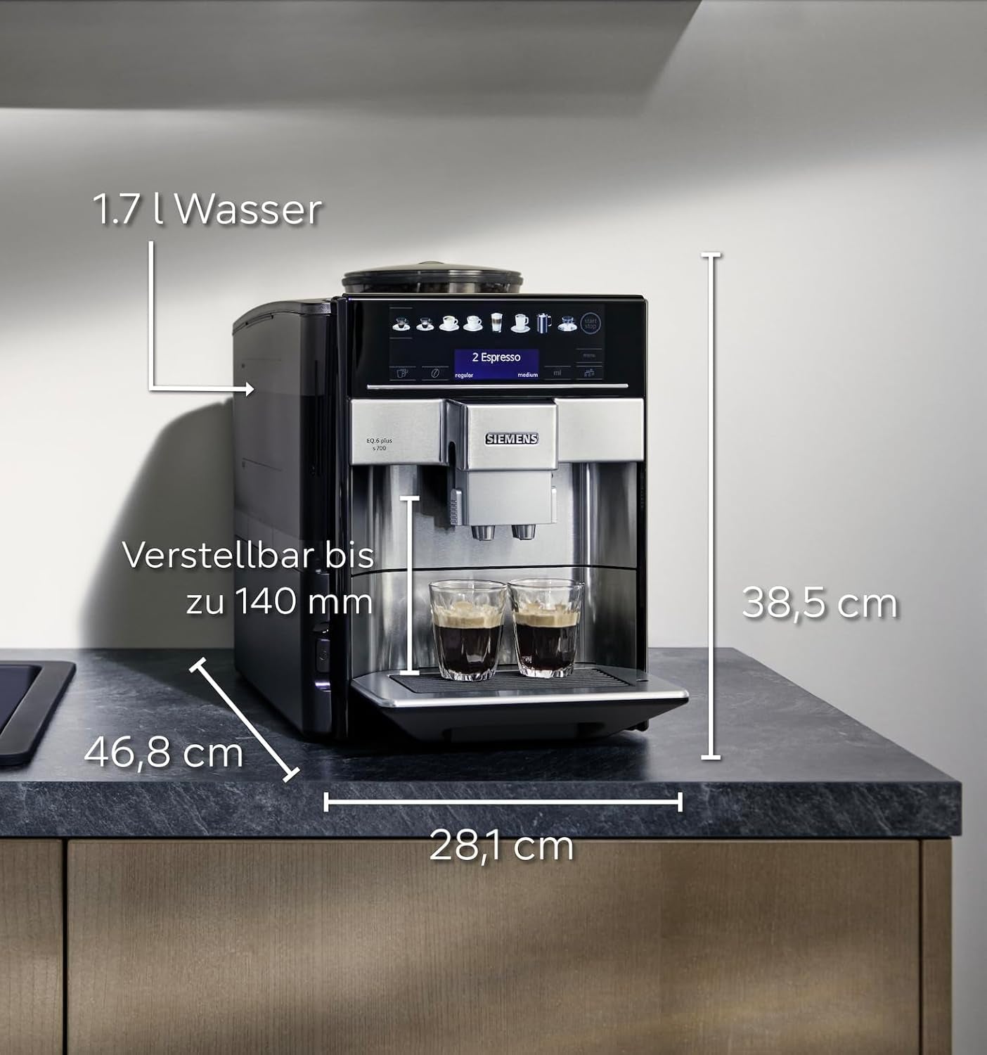 Automatische Espressomaschine Siemens EQ.6 plus s700 TE657503DE, für viele Kaffeespezialitäten, Milchaufschäumer, Keramikmahlwerk, Doppelkaffeefunktion, Antikalk, automatische Dampfreinigung, 1500 W, Edelstahl