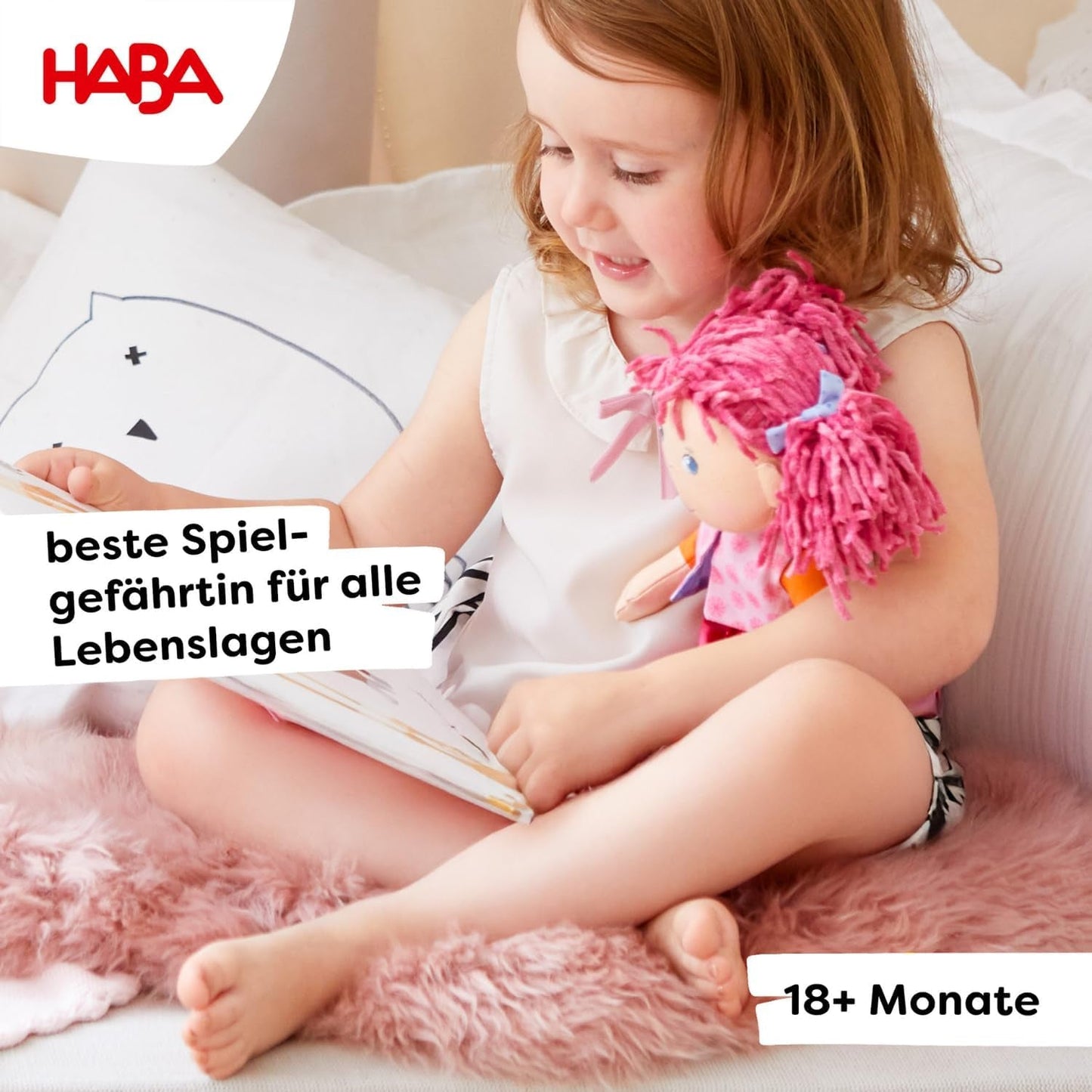 HABA Lily Lou Puppe – Weiche Stoffpuppe ab 18 Monaten – 30 cm mit Kleidung und Haaren – Idealer Spielgefährte für kleine Kinder – 1302842001