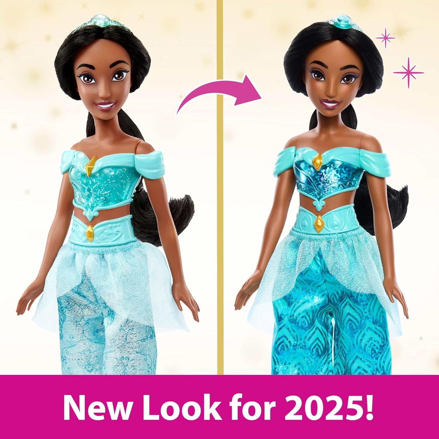 Mattel Disney Princess Toy Jasmine bewegliche Modepuppe mit glitzernder Kleidung und Accessoires, von Disney-Filmen inspiriertes Geschenk für Kinder HLW12