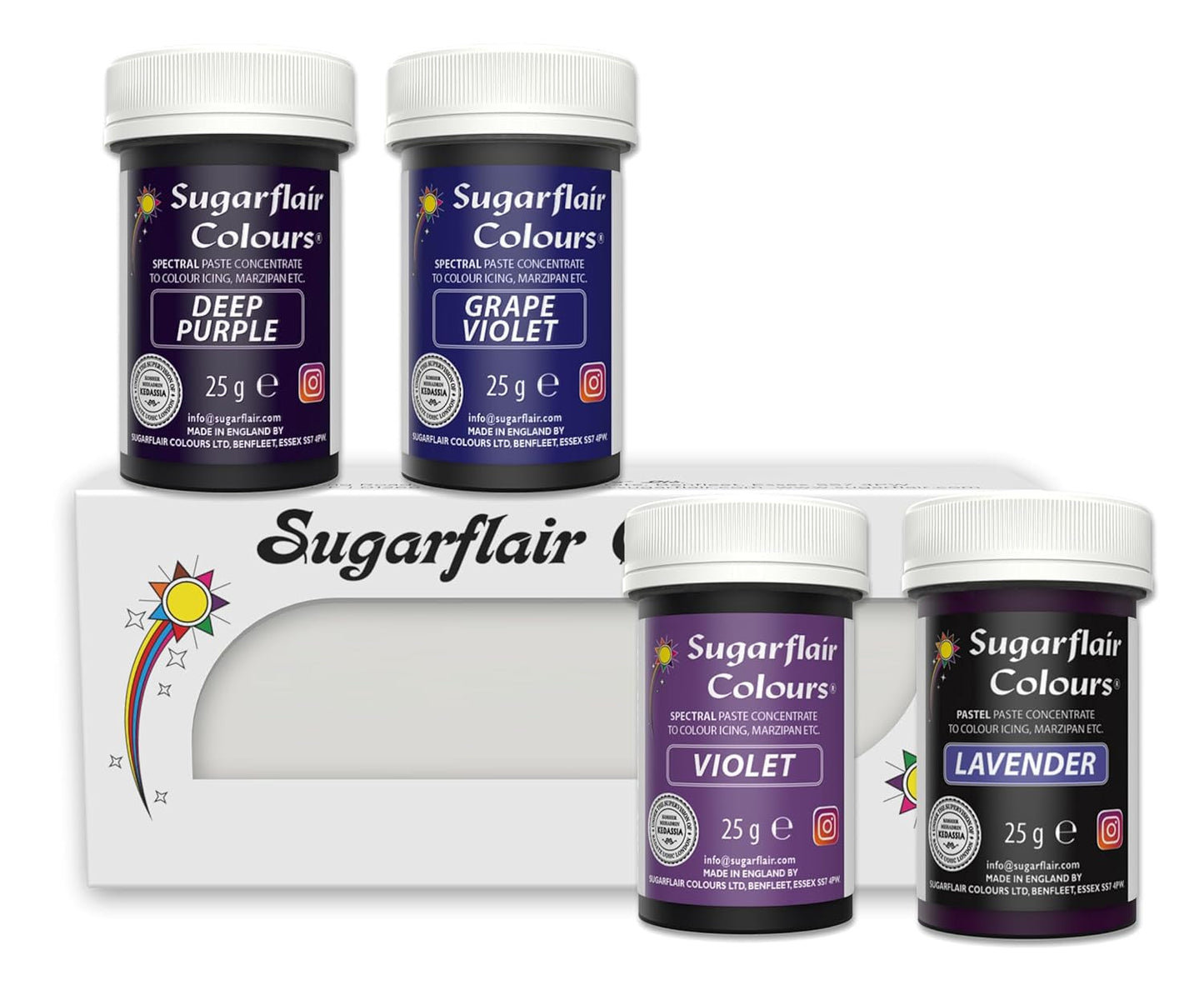 Sugarflair Nudel-Lebensmittelfarbe Lila, 4er-Set, Nudel-Lebensmittelfarbe, Fondant, Marzipan, Zuckerpaste, Buttercreme und mehr: Lila, Lavendel, Traubenviolett, Tiefviolett – 4er-Set