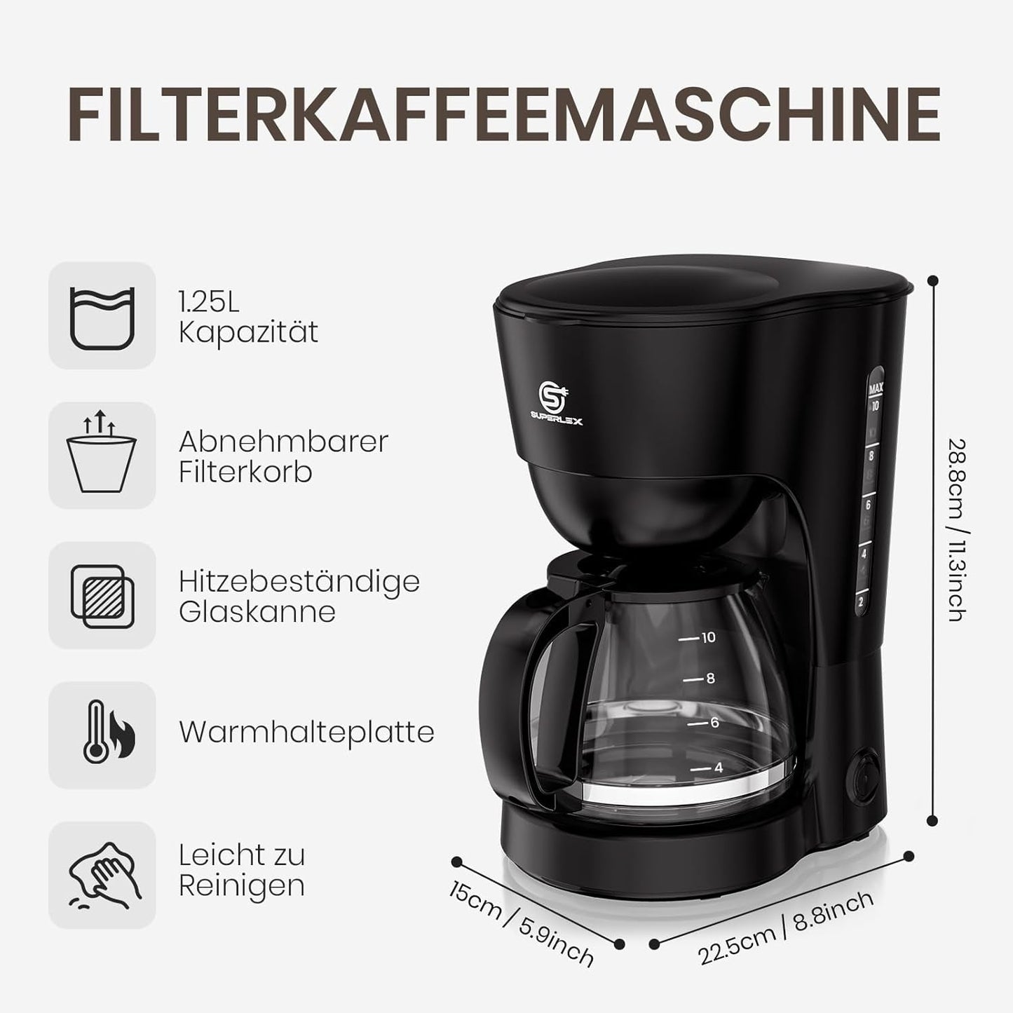 1,25 l Filterkaffeemaschine für 10 Tassen Filterkaffee, spülmaschinenfeste Glaskaraffe, Thermoskanne, Anti-Tropf-System, automatische Abschaltung, 600 W, wasserloser Kochschutz für Zuhause und Büro