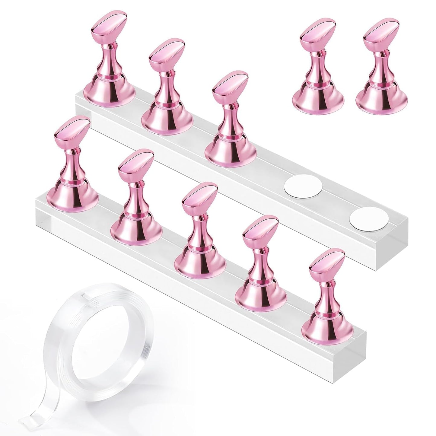 Makartt Acryl-Nagelhalter, magnetischer Nagelhalter, Nagelhalter, transparenter rosa Nagelhalter mit 48 Stück Klebemasse