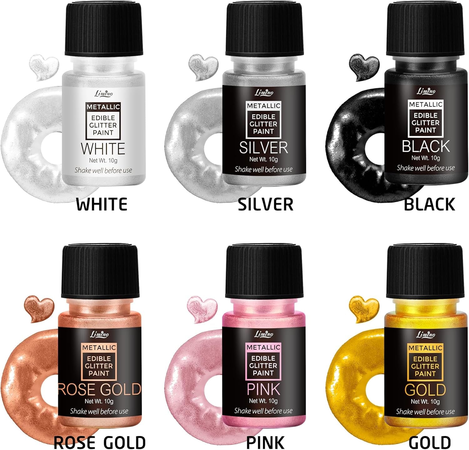 Flüssiger essbarer Glitzer – 6 Metallic-Farben, flüssiges essbares Glitzerpulver zum Dekorieren von Kuchen, Backen, Macarons – metallische Lebensmittelfarbe, Glitzerfarben für Kekse, Fondant, Kuchen, Muffins