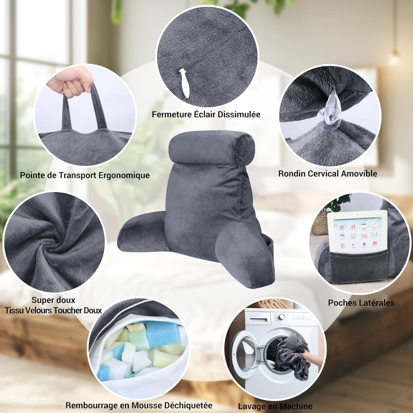 INFANZIA Ergonomisches Lesekissen mit Armlehnen, Memory-Schaum-Rückenstütze, Grau, M