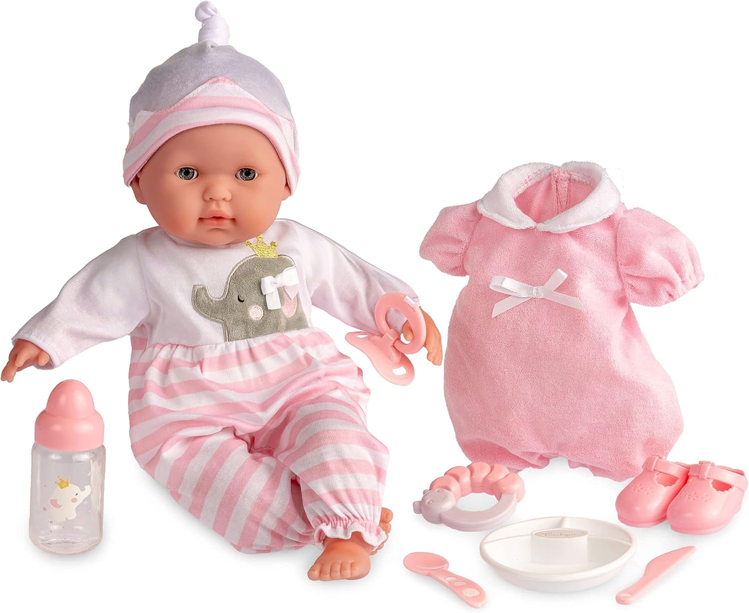 JC Toys – Berenguer Boutique 38 cm weiche, lebensechte Puppe mit offenem/geschlossenem Mund, 10-teiliges Geschenkset, Babyflasche, Rassel, Schnuller und Zubehör, Rosa, ab 2 Jahren