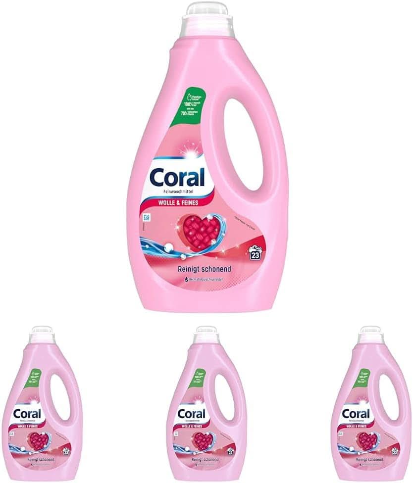 Coral Feinwaschmittel für Wolle und Feinwäsche, 23 Waschgänge, 1,15 Liter Waschmittel Naty Shop Set 4 x 1,15 Liter