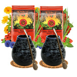 Yerba Mate Teeset für 2 Personen – Mas Energia Guarana 400 g – Marmol Blue Keramikbecher 350 ml – Edelstahl Bombilla 19 cm – Loser Tee 2 x 200 g