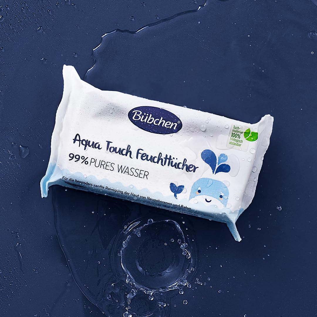 Bübchen Aqua Touch Baby Feuchttücher 144 Stück (3 x 48) – Pflegetücher für empfindliche Haut mit 99 % reinem Wasser, Feuchttücher für Neugeborene und Babys