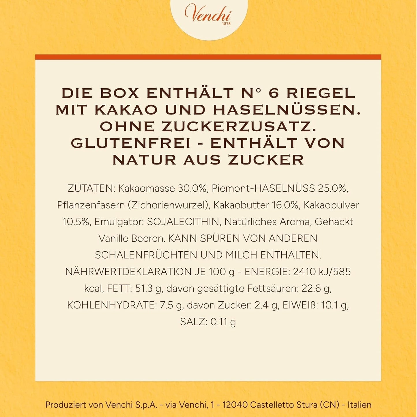 Venchi – Packung mit 6 Tafeln dunkler Schokolade mit Haselnüssen, 600 g – Ohne Zuckerzusatz – Ohne künstliche Süßstoffe – Glutenfrei – Vegan – Geschenkidee