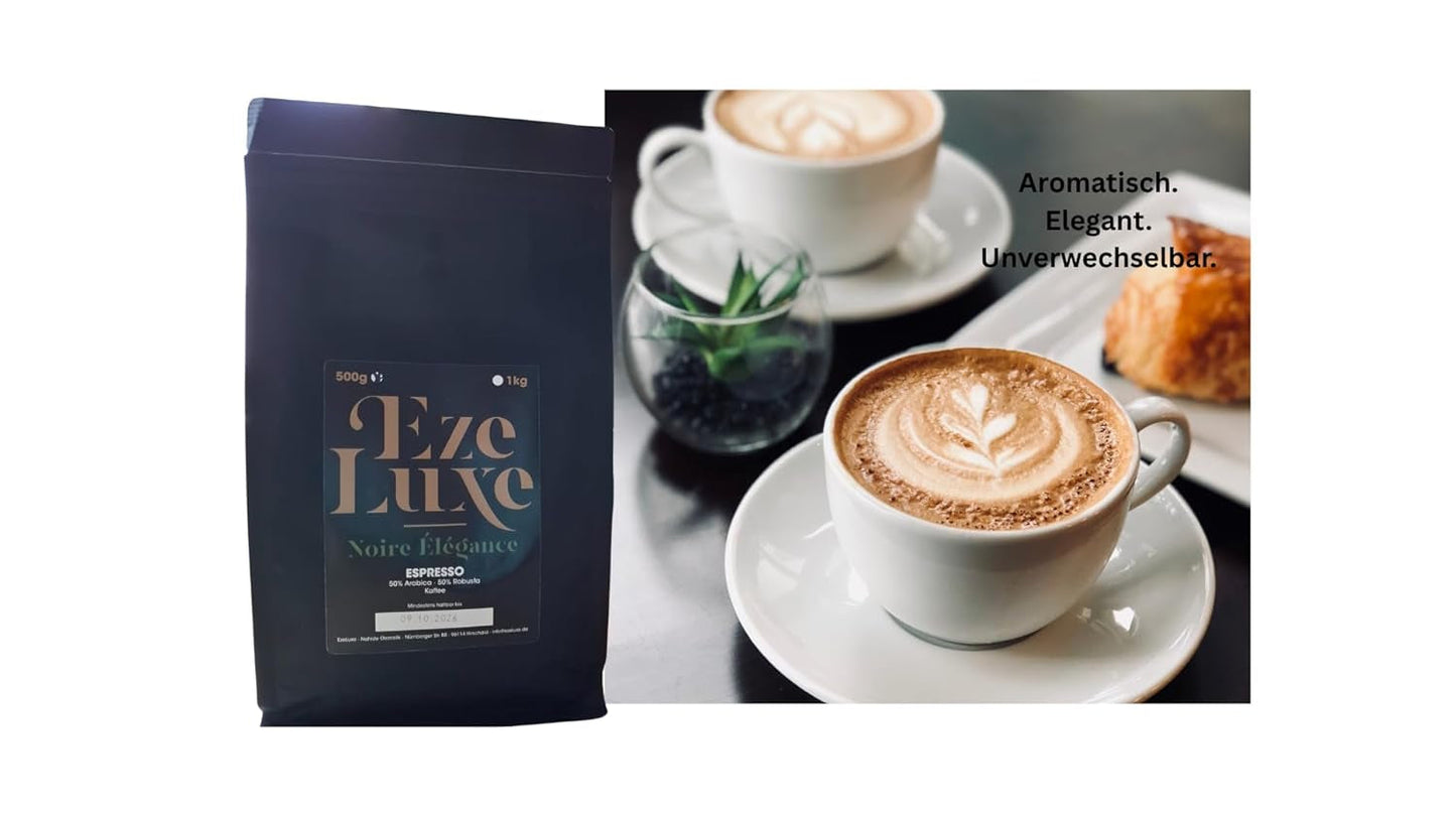 Kaffee Espresso Noire Elegance 500g – 50 % Arabica und 50 % Robusta aus Brasilien und Indien – mittlere Röstung, kräftig und cremig mit dunkler Schokolade – Intensität 8 – inkl. kostenlose Espressomaschine