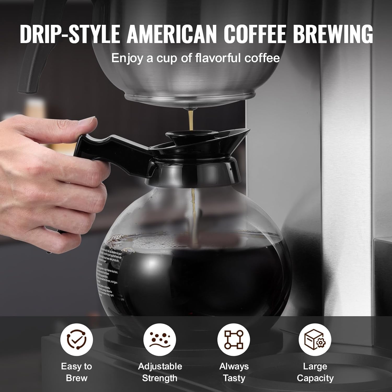 VEVOR Kommerzieller 12-Tassen-Filter-Espressokocher mit 3 Glaskaraffen und 3 Heizplatten, Edelstahl-Espressomaschine mit automatischer Wasserversorgung für Restaurant, Büro, Café