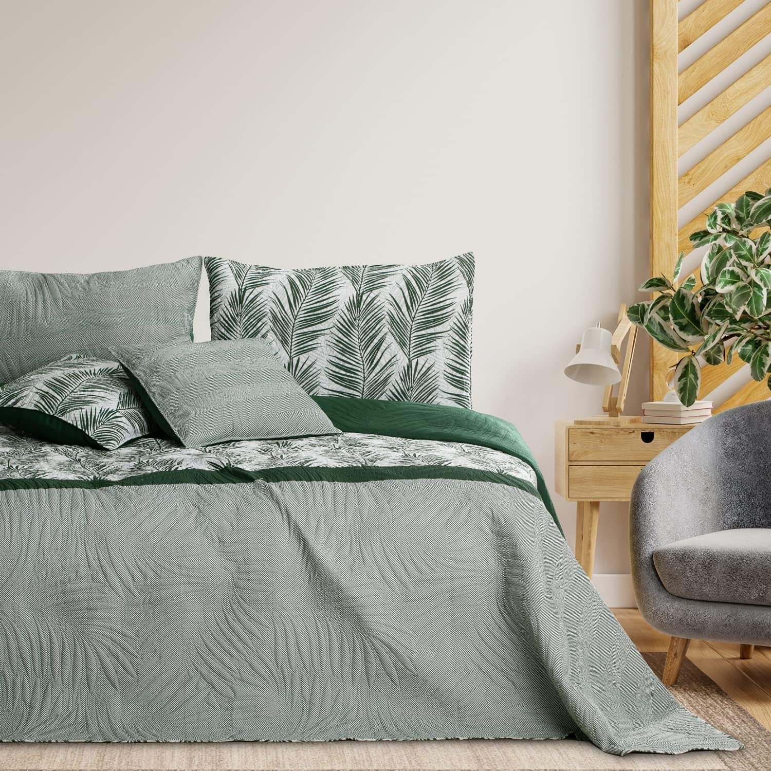 Ameliahome Tagesdecke, Tagesdecke, 170 x 210 cm, doppelseitig, pflegeleicht, Tagesdecke, Pflanzenmuster, grün, weiß, tropische Bonaire-Betten und Decken. Besuchen Sie den AmeliaHome-Store
