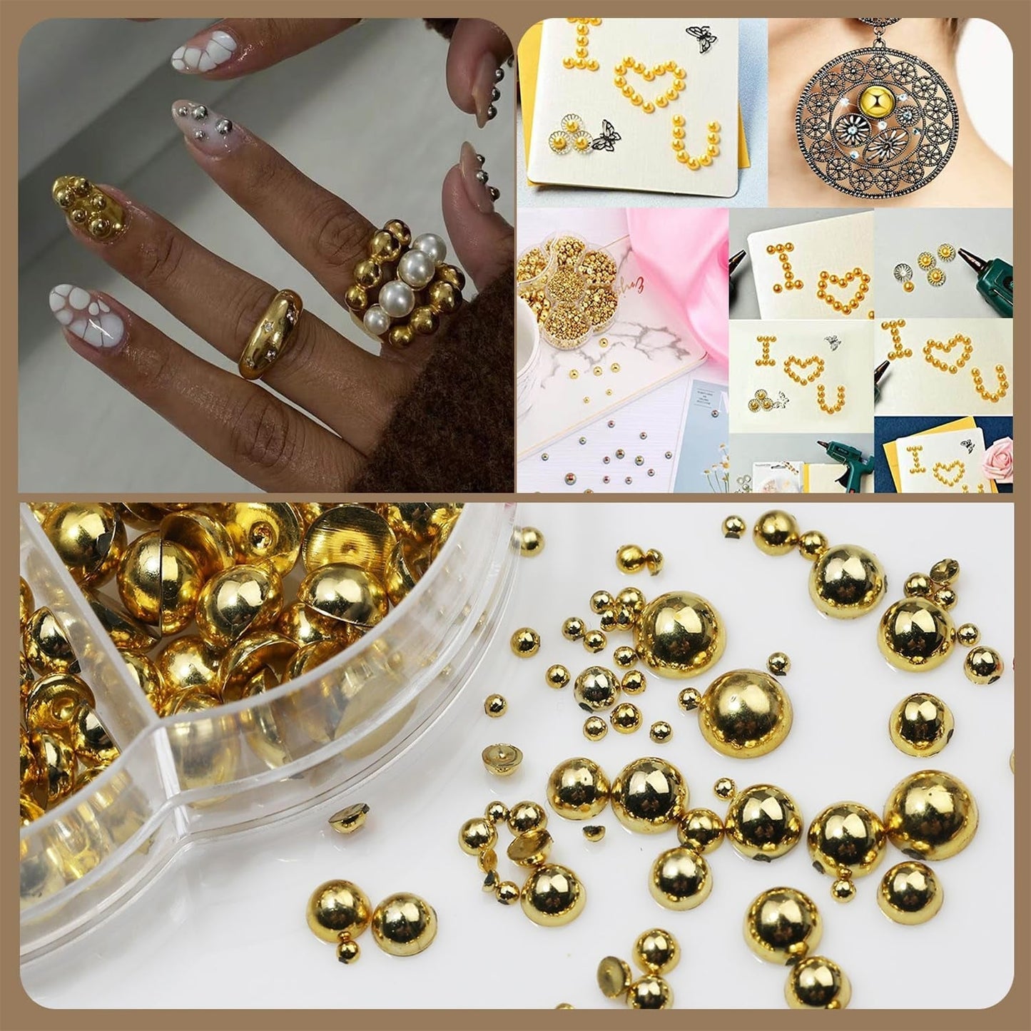 GZMAYUEN 920 Stück Gold Silber Flatback Perlen Für Nägel, Halbrunde Weiße Beige Nagelperlen, Kleine Halbrunde Flatback Perlen Für DIY Nail Art Decor