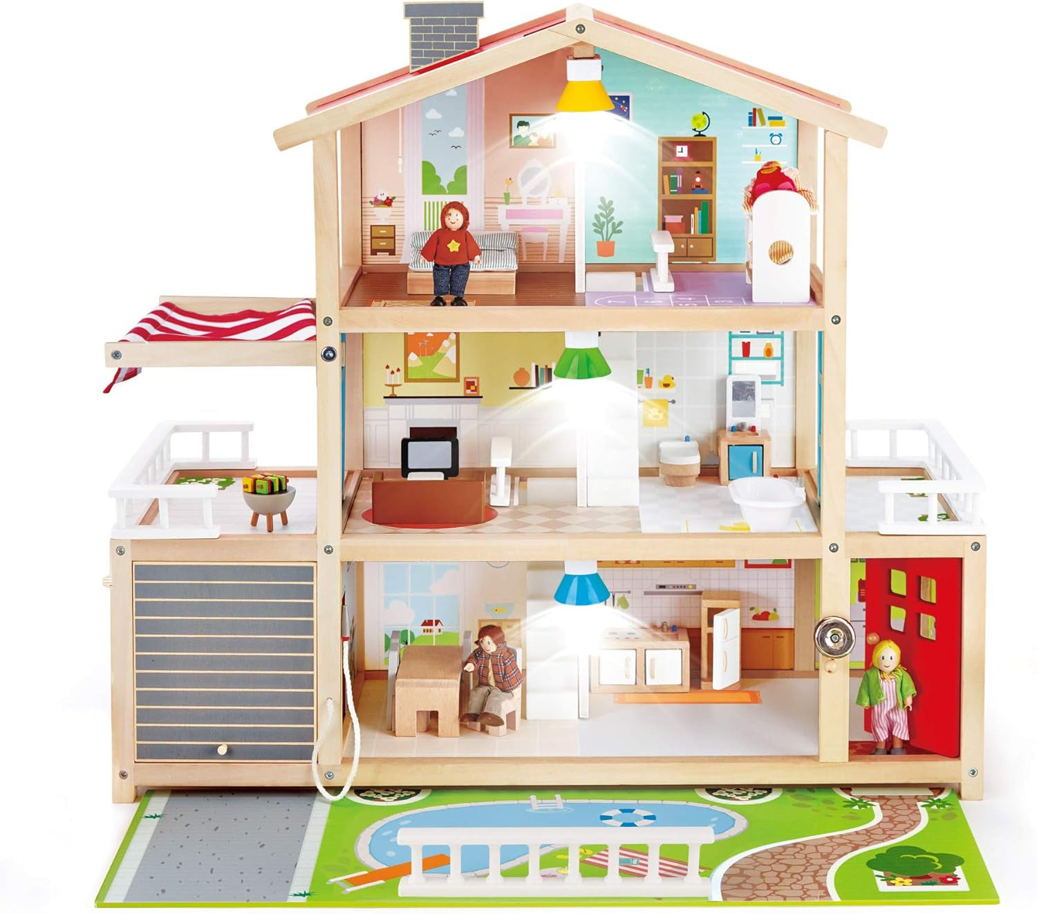E3405 – Puppenhaus, Puppenhaus mit Zubehör, Holz und E3475 – Puppenhauszubehör, Familienauto