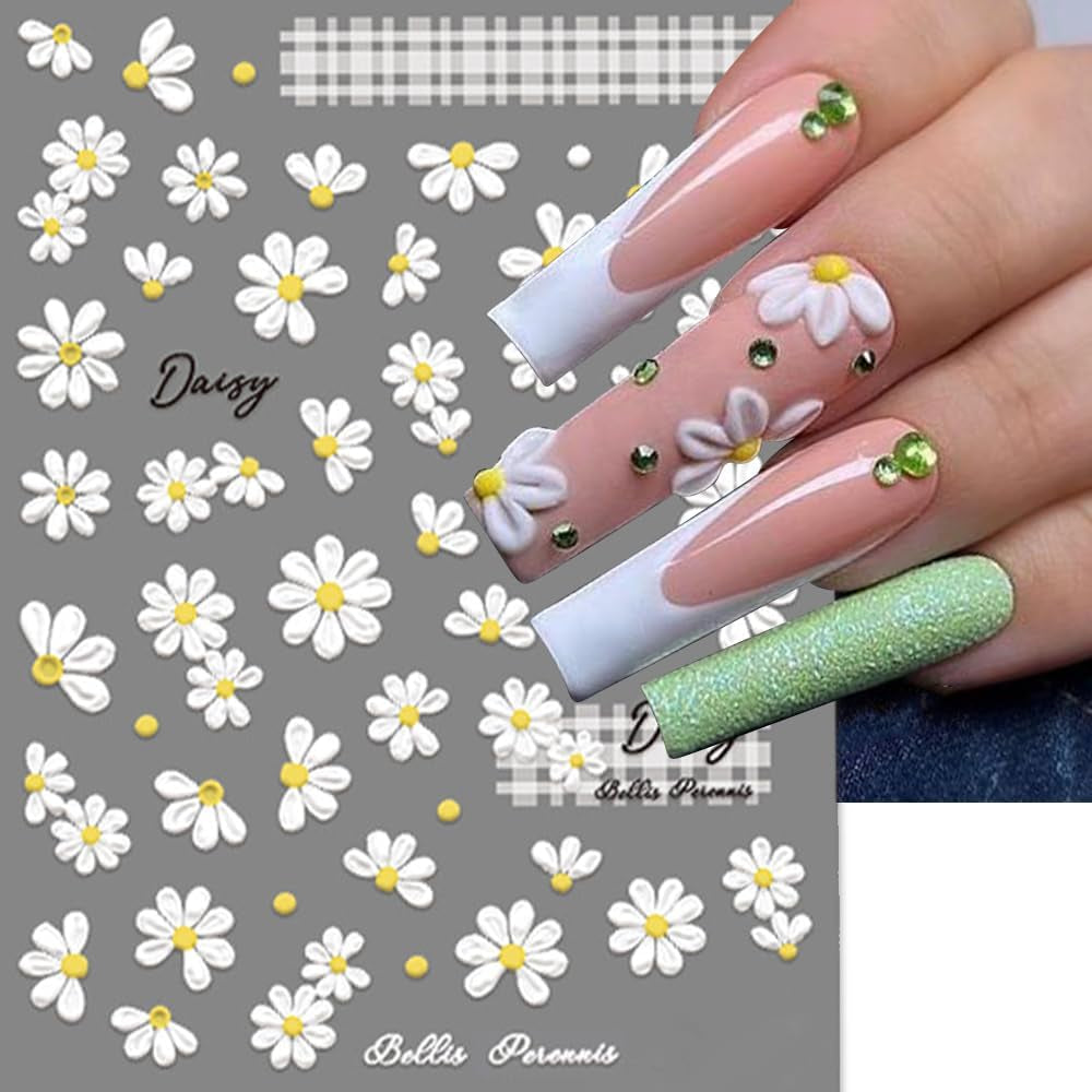 5D geprägte weiße Gänseblümchen-Nagelaufkleber, Blumen, Nagelaufkleber, Blumen, Folie, selbstklebende Aufkleber, Nagelkunstaufkleber, Gänseblümchen, Nageldekorationszubehör, Blumendesign-Aufkleber, Nagelkunst