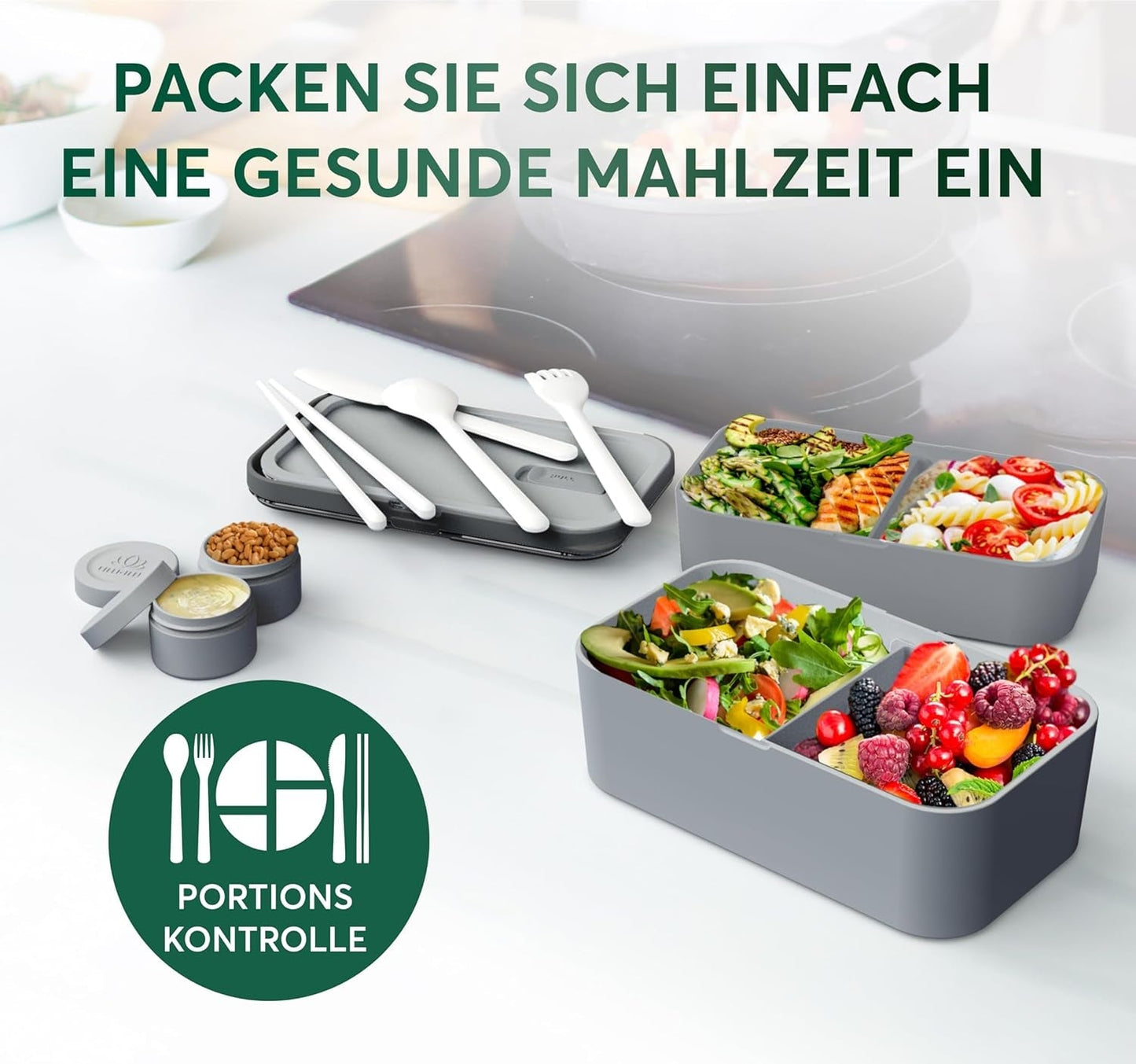 Umami-Lunchbox für Erwachsene, stapelbare Bento-Box mit 4 Besteck und Fächern, Lunchbox für Erwachsene, To-Go-Salatbehälter, Picknick-/Büro-Lunchbox, Anthrazit, 1500 ml Frischhalteboxen Naty Shop