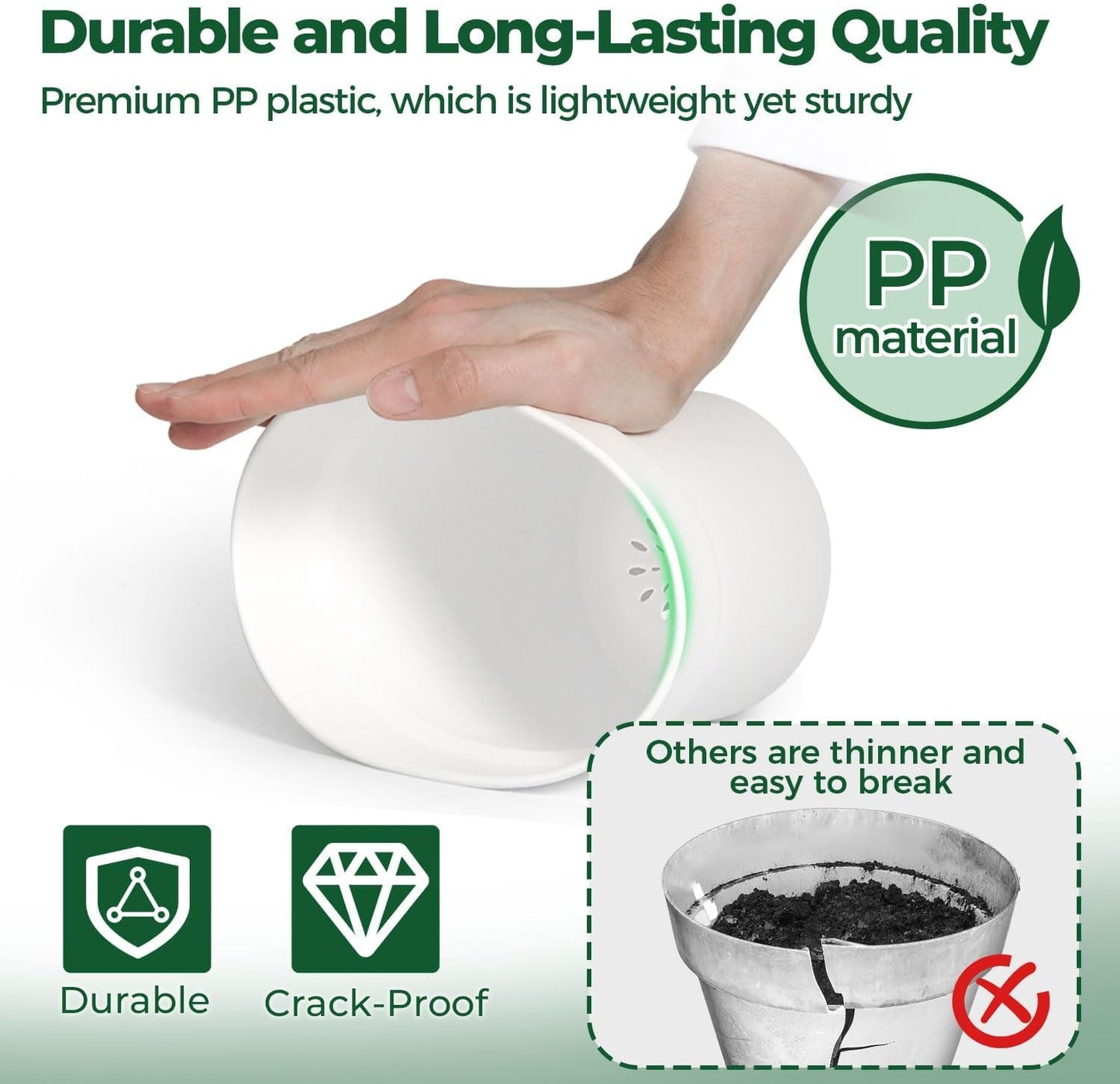 T4U 16 cm Kunststoff-Blumentopf mit Untersetzer, Set mit 6 Kunststoff-Kräutertöpfen mit mehreren Drainagelöchern, runder Topf für Sukkulenten im Innen- und Balkonbereich, Kakteen, weiß