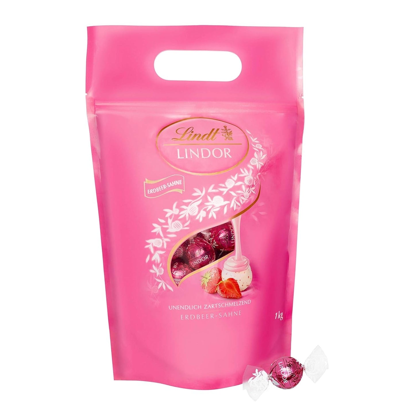 Schokoladenmischung LINDOR | 1371 g | Ca. 109 Kugeln: Milchschokolade und LINDOR-Kugeln mit Erdbeercreme | 1 kg Beutel, ca. 80 Schokokugeln weiße Schokolade mit Erdbeercreme