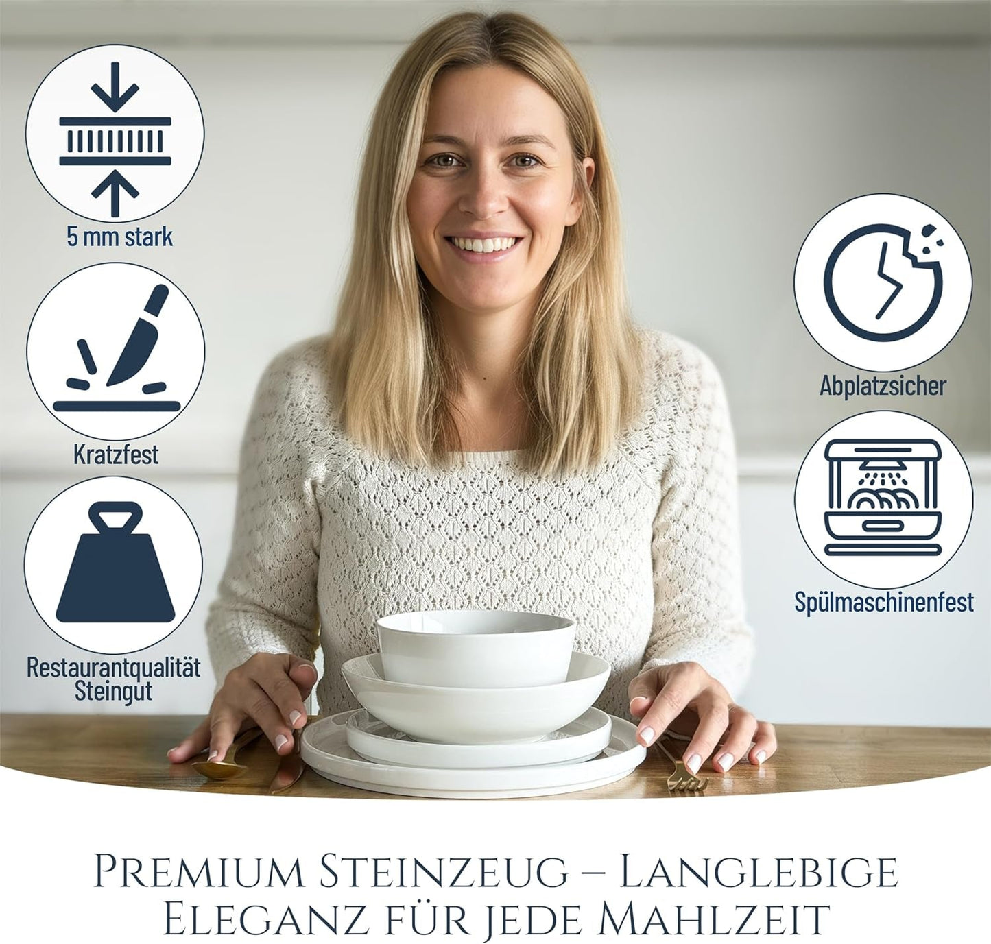 Crystal 48-teiliges Porzellan-Geschirrset TESTSIEGER Klares Porzellan-Geschirrset Schüsseln und Teller Tafelservice für 12 Pure Living-Geschirrsets in Weiß