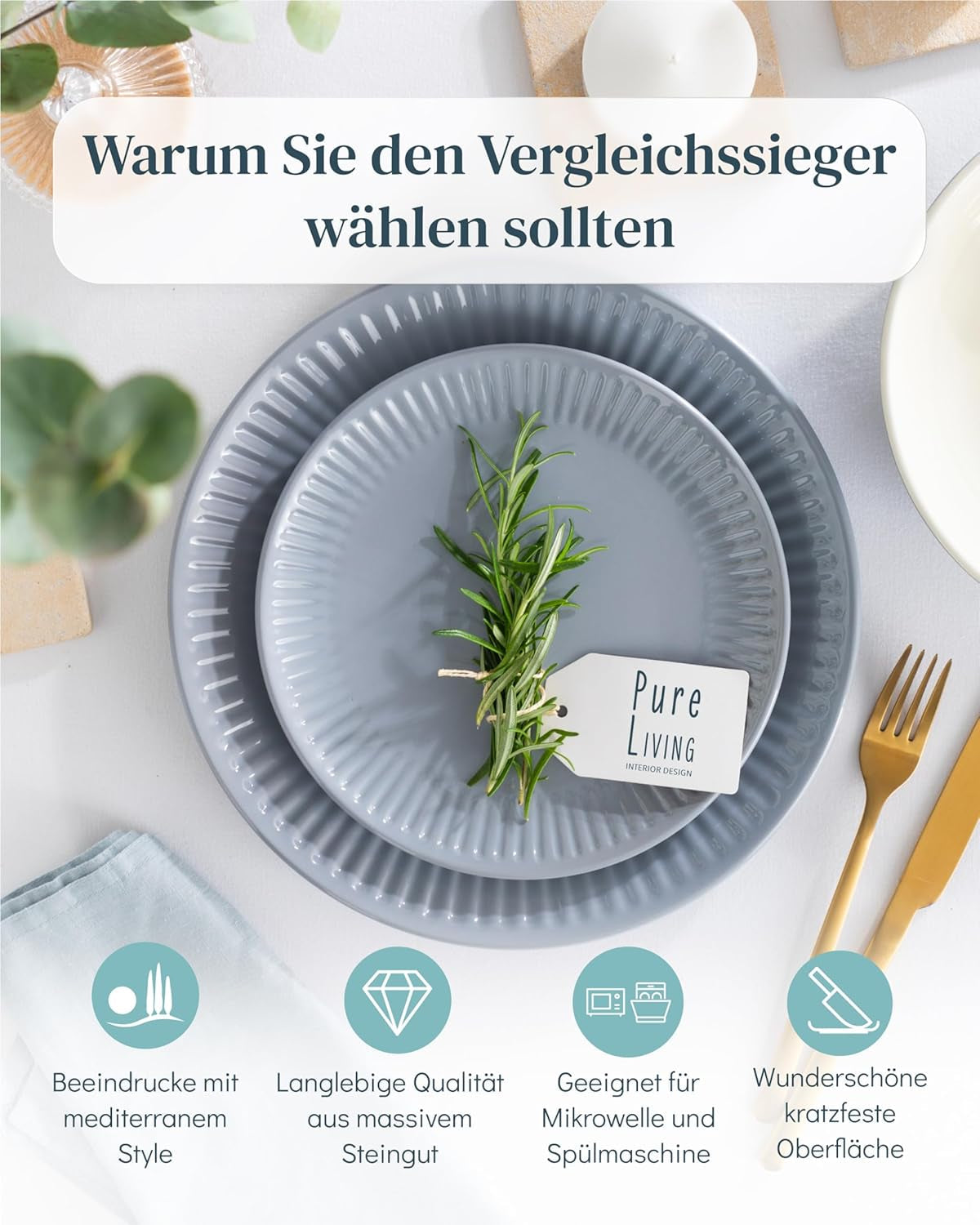Keramikgeschirrset für 6 Personen, Hygge, 24-teilig. TESTSIEGER Verträumtes skandinavisches Steingut-Geschirr-Set mit Schüssel und Teller für 6 Pure Living-Geschirrsets in Graublau